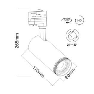 Aca-Lighting BLACK LED COB TRACK LUMINAIRE AIMY 30W 3000K 4WIRES 25-50° 3000LM 230V Ra80