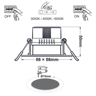 Φωτιστικά Downlights και Panels SQUARE LED SPOTLIGHT 7W SWITCH 3000-4000-6000K SMD 230V 40° Ra80 PRE-SET UP 3000K