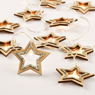 “WOODEN SILVER GLITTER STARS”, 10 LED ΣΕΙΡΑ ΜΠΑΤ. (3xAA), WW,IP20, 135+30cm, ΔΙΑΦ. ΚΑΛ. ΤΡΟΦ.