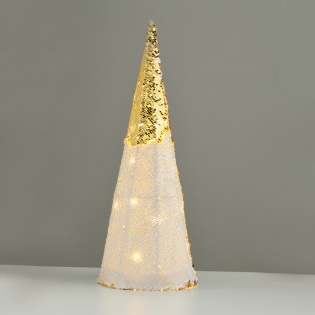 “CHAMPAGNE GOLD & WHITE SEQUIN CONE TREE” 20 WW LED ΛΑΜΠ. ΜΠΑΤ. 3ΧΑΑ,IP20 Φ18.5Χ50CM