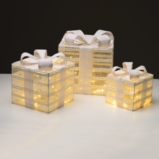 SET “WHITE GIFT BOX, BURLAP BOW” 75(15+25+35) WW LED  ΜΠΑΤ. 3*3ΑΑ IP20 17,23,28.5CM