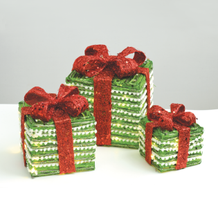 SET “GREEN SILVER RATTAN GIFT BOX, RED BOW” 90(20+30+40) WW MINI ΛΑΜΠ. ΜΠΑΤ. 3*3ΑΑ IP20 18,24,30CM